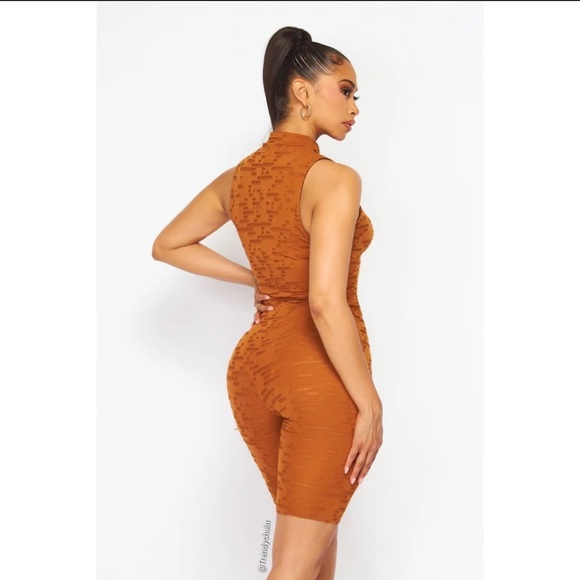 Brown Mesh Detail Zipper Biker Shorts Romper - Picture 3 of 9